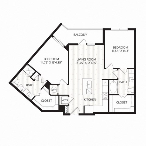 Floor plan for 2 beds, 2 baths, 1088 sqft